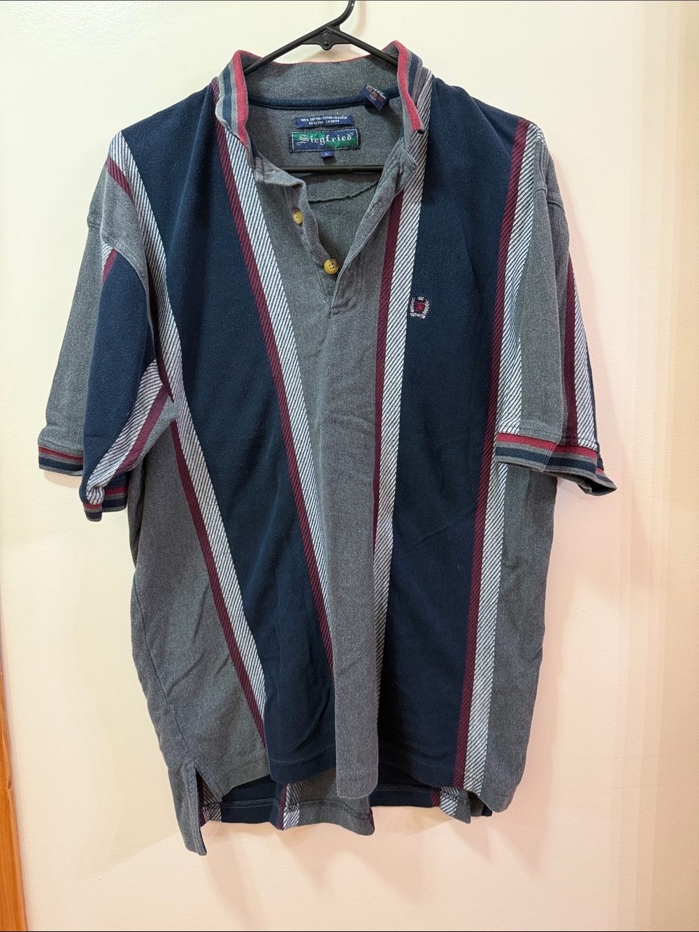 Siegfried. Men’s Navy & Gray Striped Polo Shirt. Size Large